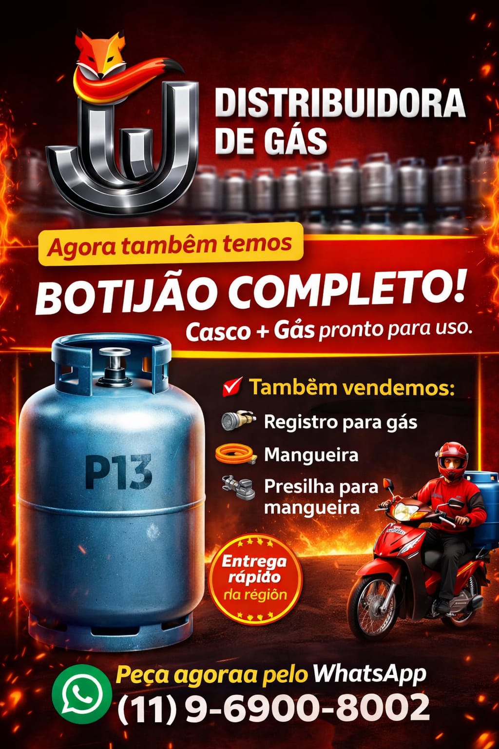 Botijão completo — Casco + Gás pronto para uso, com registro, mangueira e presilha